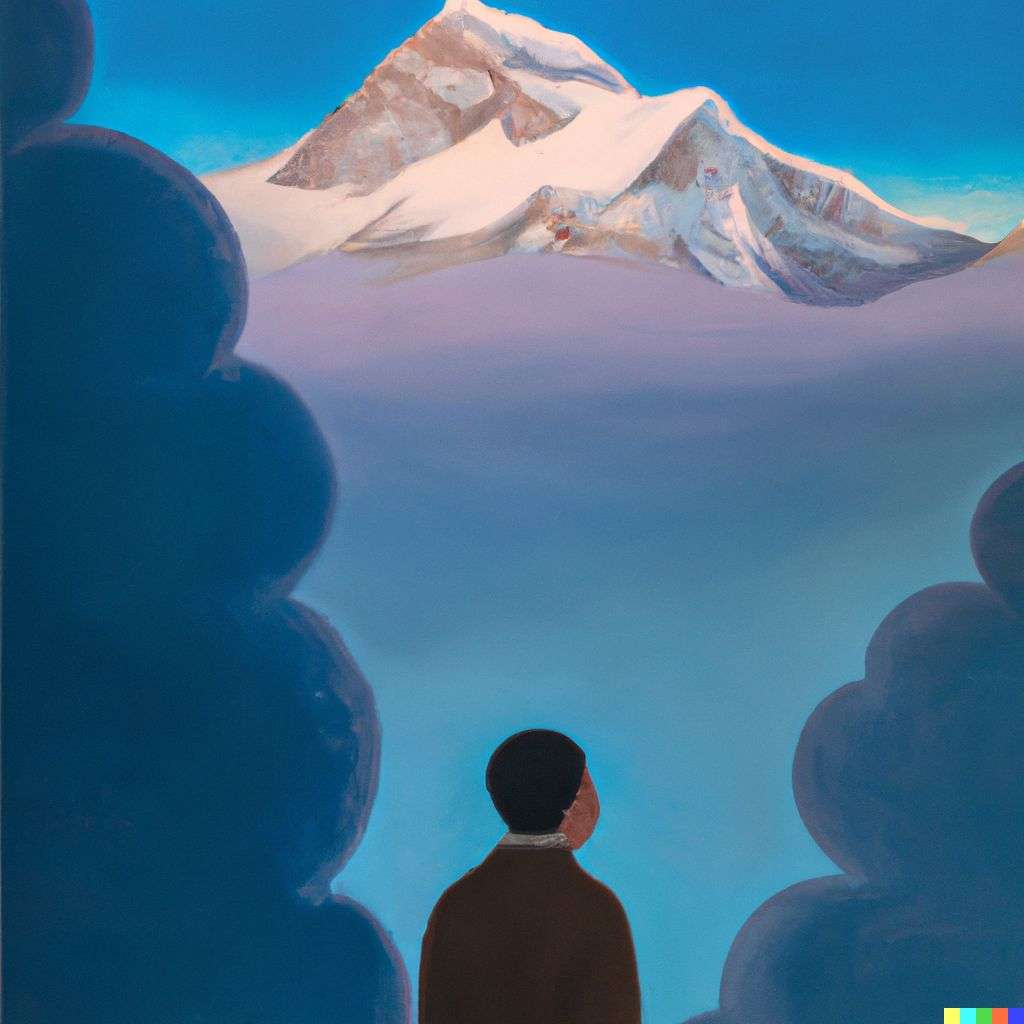 someone gazing at Mount Everest, painting by Rene Magritte